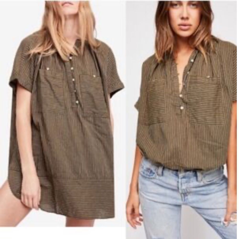 Free People Linen Blend Yin Yang Drippy Sunset Park Thermal Tunic Top Army Green